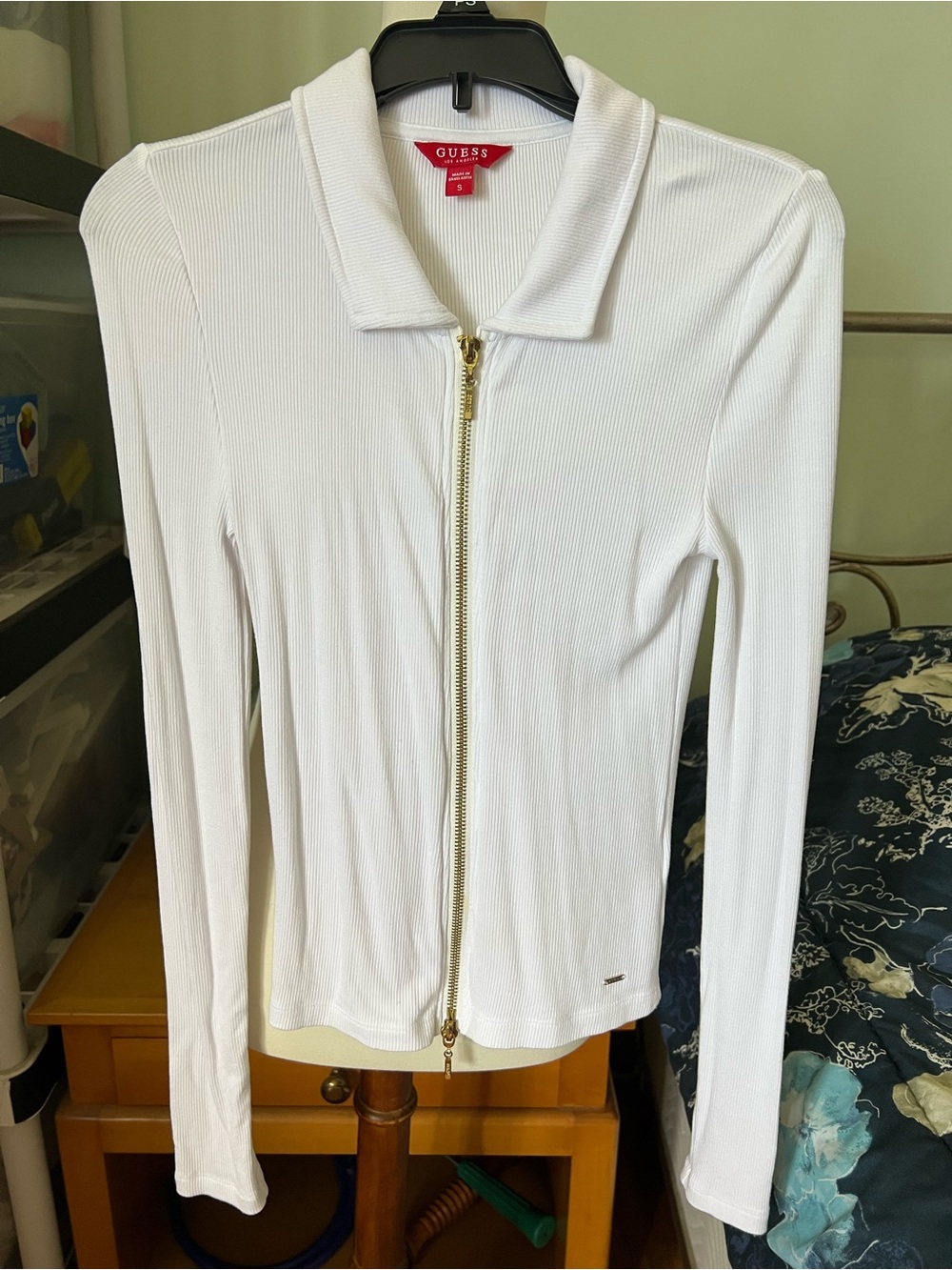 Guess White Ribbed Zip-Front Collared Long Sleeve Top